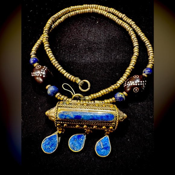 Vtg Afghani Prayer Poison Necklace Lapis Lazuli Poison Prayer ash Compartment 18 - Picture 1 of 4